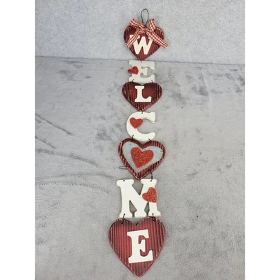 Letrero de BIENVENIDA corazón rojo rústico colgante de pared día de San Valentín decoración del hogar Foto 1 de 4