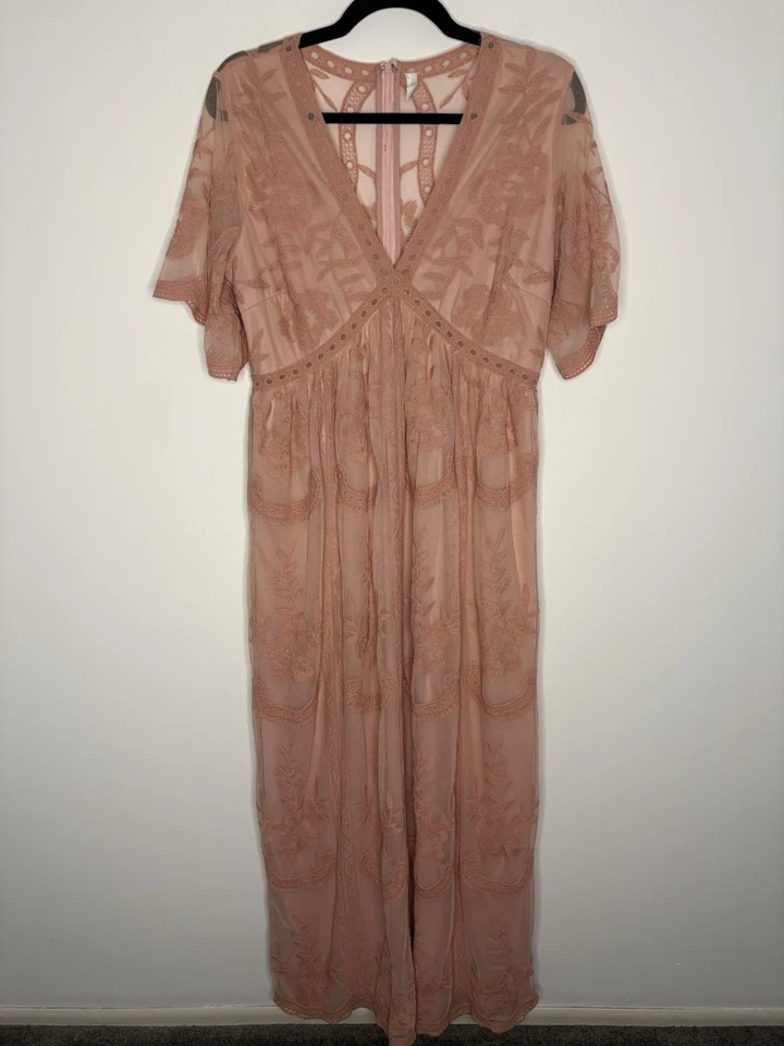 Vestido maxi de renda rosa blush maternidade XL rosa romântico etéreo feminino - Imagem 1 de 4