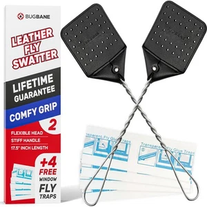 2 Leather Fly Swatter for Indoors. Long Handle, Heavy Duty Fly Swatter Manual... - Picture 1 of 6