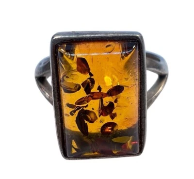 Anillo hecho a mano vintage de ámbar báltico 925 talla 6,5 planta fósil de insectos A1 Foto 1 de 4