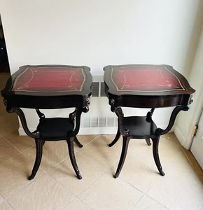 A Pair of Vintage French Regency Style Mahogany Red Leather Top Tables - Picture 1 of 14