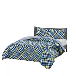 Navy Blue Yellow White Preppy Diagonal Plaid 3pc Comforter Set Twin Full Bedding - Picture 1 of 4