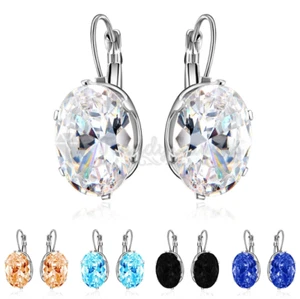 Sterling Silver Plated Large Round Oval Cubic Zirconia Leverback Drop Earrings - Picture 1 of 36