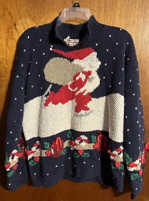 Suéter de Navidad Lauren Hansen tejido a mano talla L Santa en raquetas de nieve nevado Foto 1 de 4