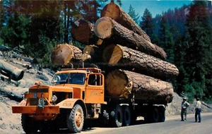Logging Truck Large Diesel Truck Hauling Logs on Mountain Roads Postcard - Picture 1 of 2