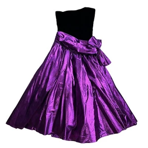 Vintage 80er Zum Zum lila metallic schwarz Samt trägerlos Ballkleid Schleife Gr 5 6 - Bild 1 von 10