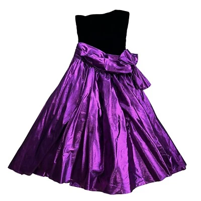Vtg 80s Zum Zum Purple Metallic Black Velvet Strapless Prom Dress Bow Size 5 6 - Image 1 of 4