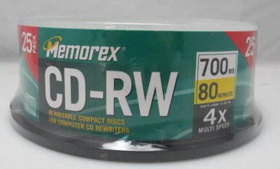 全新 Memorex CD-RW 25 包 可录制 可重写 80 分钟 700MB 4x 多速 — 第 1/3 张图片