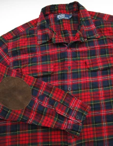 Mens XL Polo Ralph Lauren Shirt plaid flannel suede elbow patch loop collar VTG - Picture 1 of 6