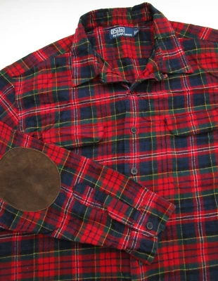 Para Hombres XL Polo Ralph Lauren Camisa Franela Cuadros Gamuza Codo Parche Cuello Lazo De Colección Foto 1 de 4