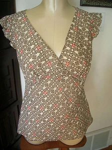 ANN TAYLOR LOFT Lined Short Sleeve Cream Geometric Pattern Blouse Top - sz 6 - Picture 1 of 5