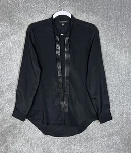 Rock & Republic Top Womens Size Large Black Rhinestone Neck Tie Button Up - Picture 1 of 6