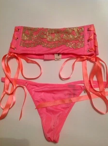 Victorias Secret Salmon Gold Crochet Thong Garter Set NWT Very Sexy XS/S,OS NWT - Picture 1 of 8