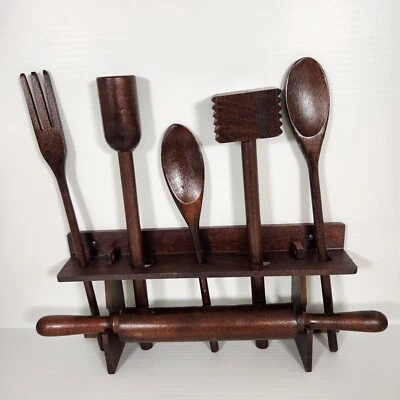 Vintage Primitive Wooden Country Cottage Farmhouse 7 Piece Kitchen Utensil Set - Image 1 of 4