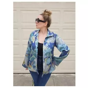 Johnny Was Women Avril Jacquard Blazer Jacket Floral Long Sleeve Blue Silver XS - Picture 1 of 10