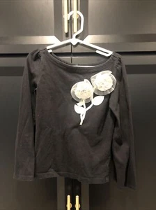 Janie and Jack Black Cotton Long Sleeve Top W/ Appliquéd Ivory Flowers Size 7 - Picture 1 of 6