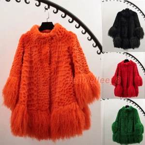 Women Real Rabbit Fur Coat Mongolian Fur 3/4 Flared Sleeve Jacket Outwear Parka - Picture 1 of 11