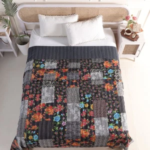 Black Floral Kantha Quilt Handmade Boho Patchwork Cotton Bedding Bedspread Throw - Picture 1 of 10