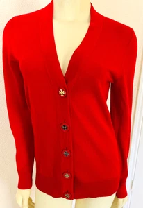 TORY BURCH WOMEN'S MERINO WOOL CARDIGAN KNIT SWEATER W/LOGO BUTTONS RED OR IVORY - Picture 1 of 12