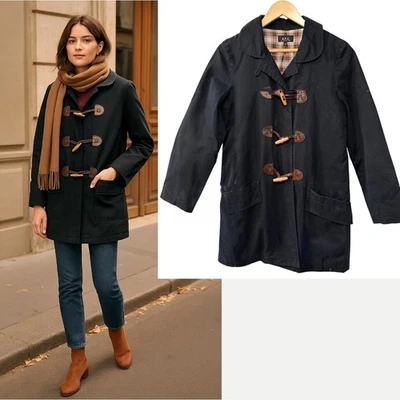 APC Paris S Wax Coated Leather Toggle Duffle Coat $495 Plaid Lined Jacket Black - Image 1 of 4