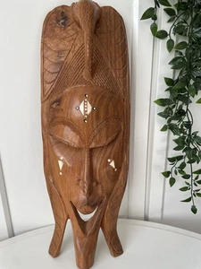 VINTAGE LARGE WOODEN CARVED AFRICAN TRIBAL MASK INLAID QUALITY 50 cm - Picture 1 of 5