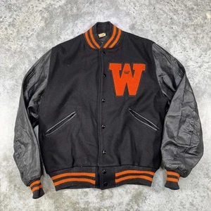 Vintage Wool Leather Varsity Jacket Mens 44 Letterman W Patch 70s 80s - Picture 1 of 7
