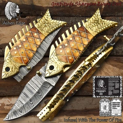 Ashen Edge Forged Twist Damascus Folding Knife Engraved Bone Tactical - Image 1 of 4