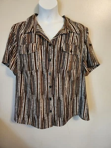 Maggie Barnes Brown Black Abstract Stripe Short Sleeve Button Up Top 2X 22 24 - Picture 1 of 7