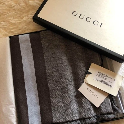 GUCCI GG Pattern Cherie Line Scarf Silk & Wool Blend Stole Gray x Light Blue JP - Image 1 of 4