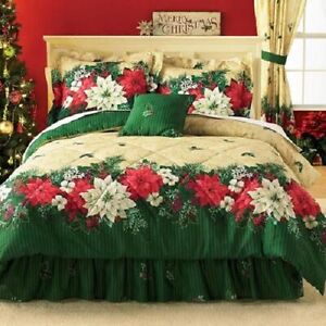 3Pc Twin Poinsettia Border Comforter Set Green Floral Holiday Flowers Comforter 