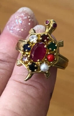 Navratna 9 Stone Turtle Ring Gold Tone Size 6 - Image 1 of 4