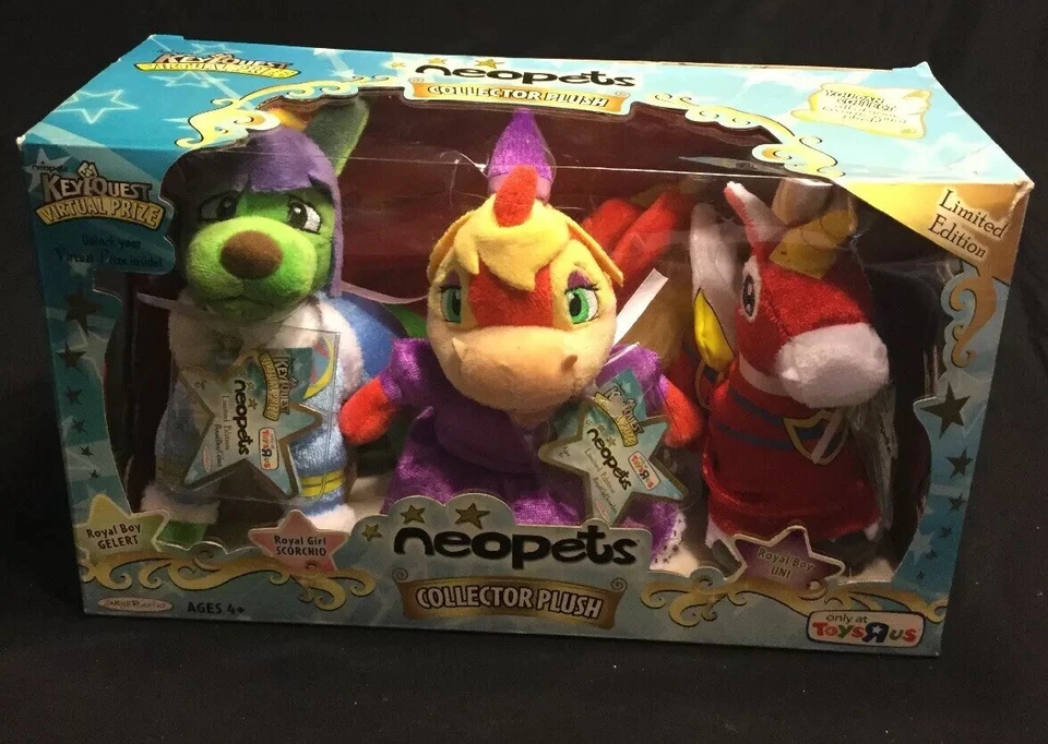 Neopets Plush Set Royal Girl Scorchio Boy Gelert Uni 3 Keyquest Prizes