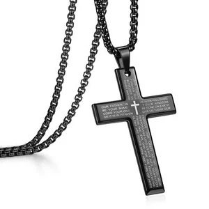 Men's Black Cross Necklace with Lord's Prayer, Stainless Steel Cross Pendant ... - Picture 1 of 7