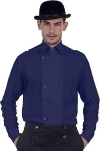 Steampunk Victorian Cosplay Costume Mens Side-Button Linen Shirt [Navy] - Picture 1 of 5