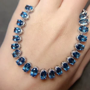 Natural London Blue Topaz Tennis Bracelet 925 Sterling Silver, Blue Topaz 4x6mm - Picture 1 of 6