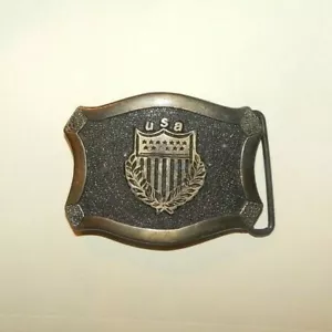 Hebilla de cinturón de bronce vintage de EE. UU. escudo patriótico con 13 estrellas y corona de laurel - Imagen 1 de 3