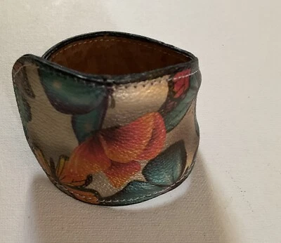 Hand Painted Leather Cuff Bracelet Floral Wearable Art adjustable - Image 1 of 4
