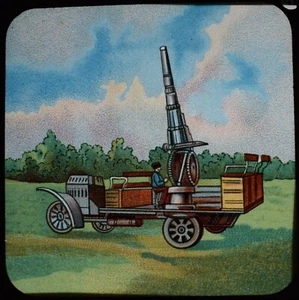 ANTIKES magisches Laternenschieber ARTILLERIE AUF LKW montiert um 1.WK - Bild 1 von 2