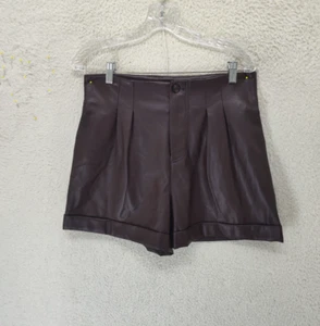 Avec Les Filles Women Short Medium Brown Pleated Faux Leather Cuffed Hem Mini - Picture 1 of 20