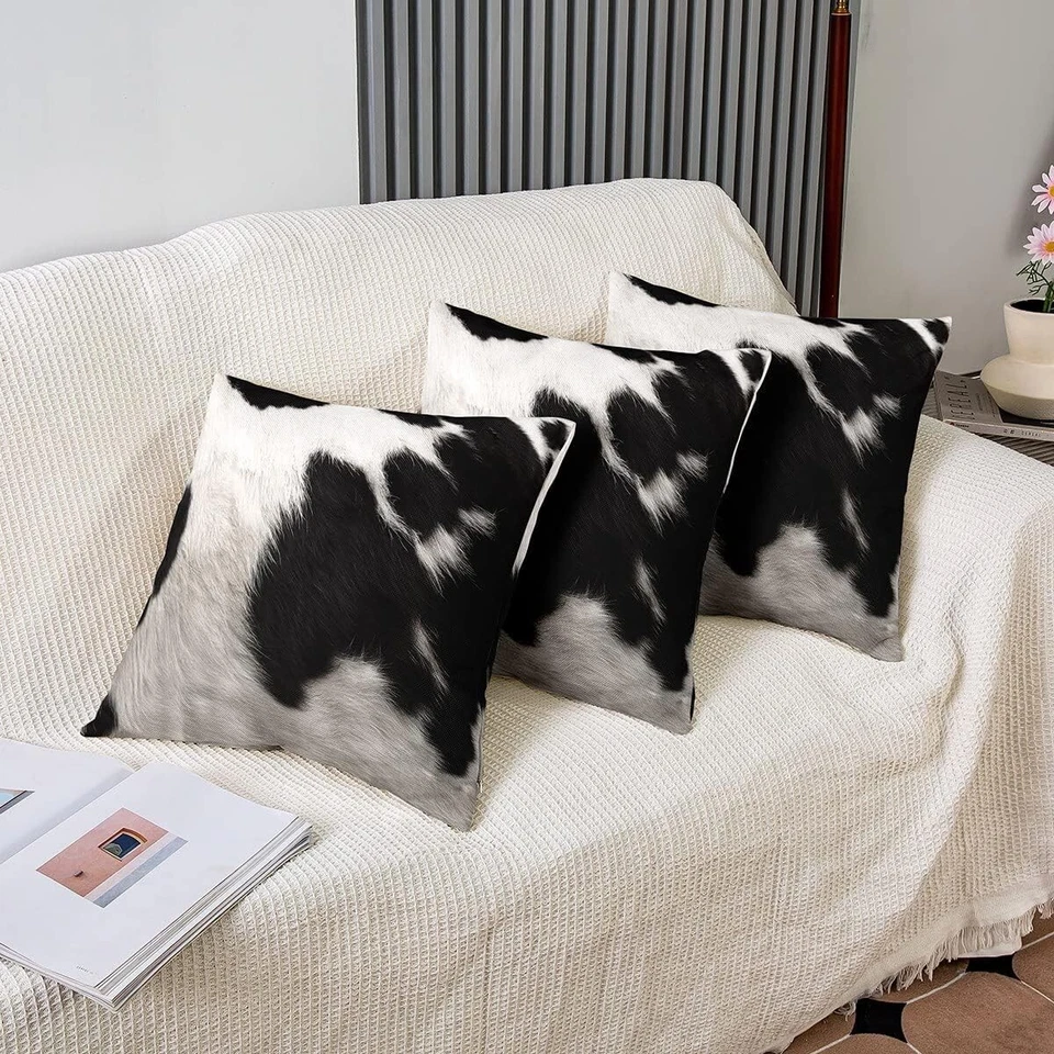 Fundas de almohada de cojín de cuero de vaca genuino - Paquete de 3 fundas de almohada de pelo sobre cuero natural Foto 1 de 4