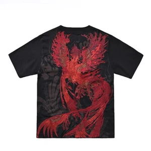 Mens T-Shirt Japanese Pattern Embroidery Reborn Fire Phoenix Bird totem Unisex - Picture 1 of 23