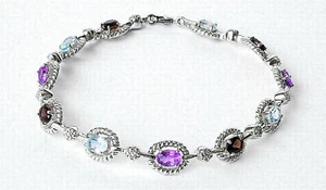 MULTI GEM ROPE DESIGN BRACELET, SILVER PLATED OVER BRASS, 7.5" LONG - Picture 1 of 2