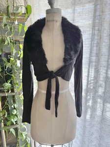 Vintage Y2K Sweater Shrug Bolero Faux Fur Collar Goth Whimsygoth Black Jr M - Picture 1 of 7