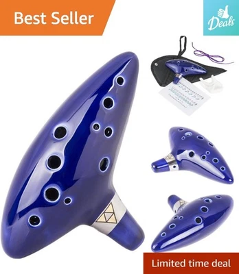 Ceramic 12-Hole Ocarina in Dark Cobalt Blue with Gold Triforce - for Zelda Fans - Image 1 of 4