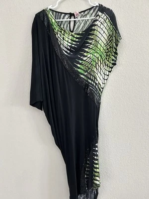 Vestido Custo Barcelona - Estampado Gráfico Asimétrico Negro y Verde - Talla S Foto 1 de 4