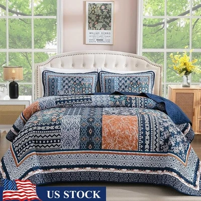 Queen Quilt Set Lightweight Bohemian Bedspread Cozy Floral Patterns Pillowcases - Image 1 of 4