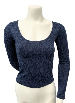 American Eagle Womens Small Navy Floral Scoop Neck Long Sleeve Stretch Top - Image 1 of 4