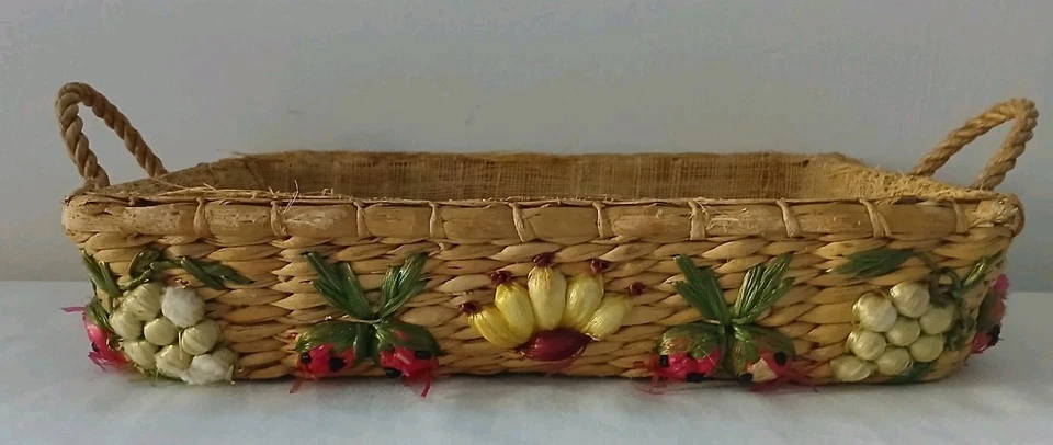Vtg Wicker Basket Tray Raffia Fruit Floral Folk Art Boho Cottagecore Farmhouse - Image 1 of 4