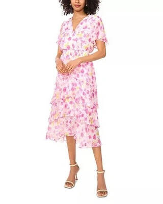 Vince Camuto Flutter Sleeve Tiered Midi Dress – Violet Blush, Size L - Image 1 of 4