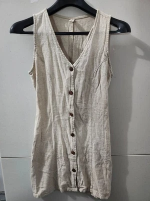 Vestido Yoli e Otis meninas 12 bege sem mangas botão para cima mistura de linho amarrar para trás - Imagem 1 de 4